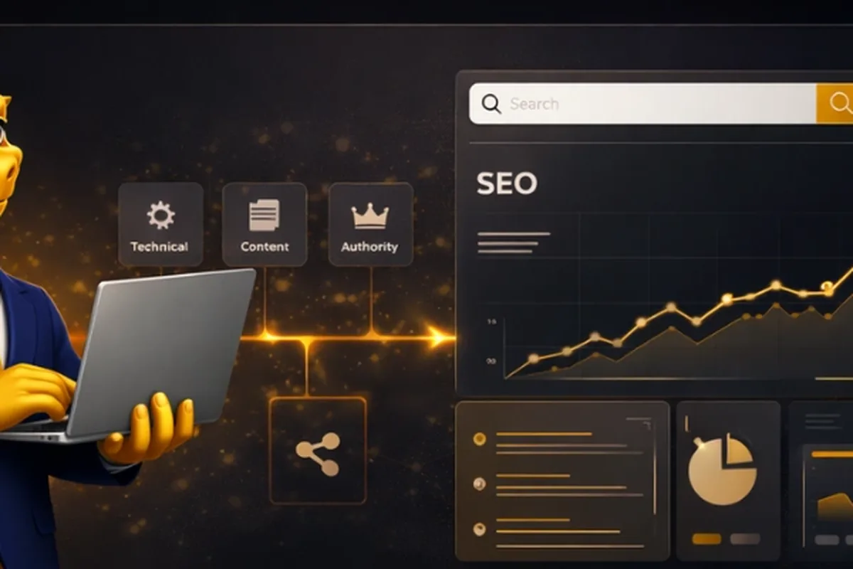 SEO services visual with search dashboard and gold Dracau styling