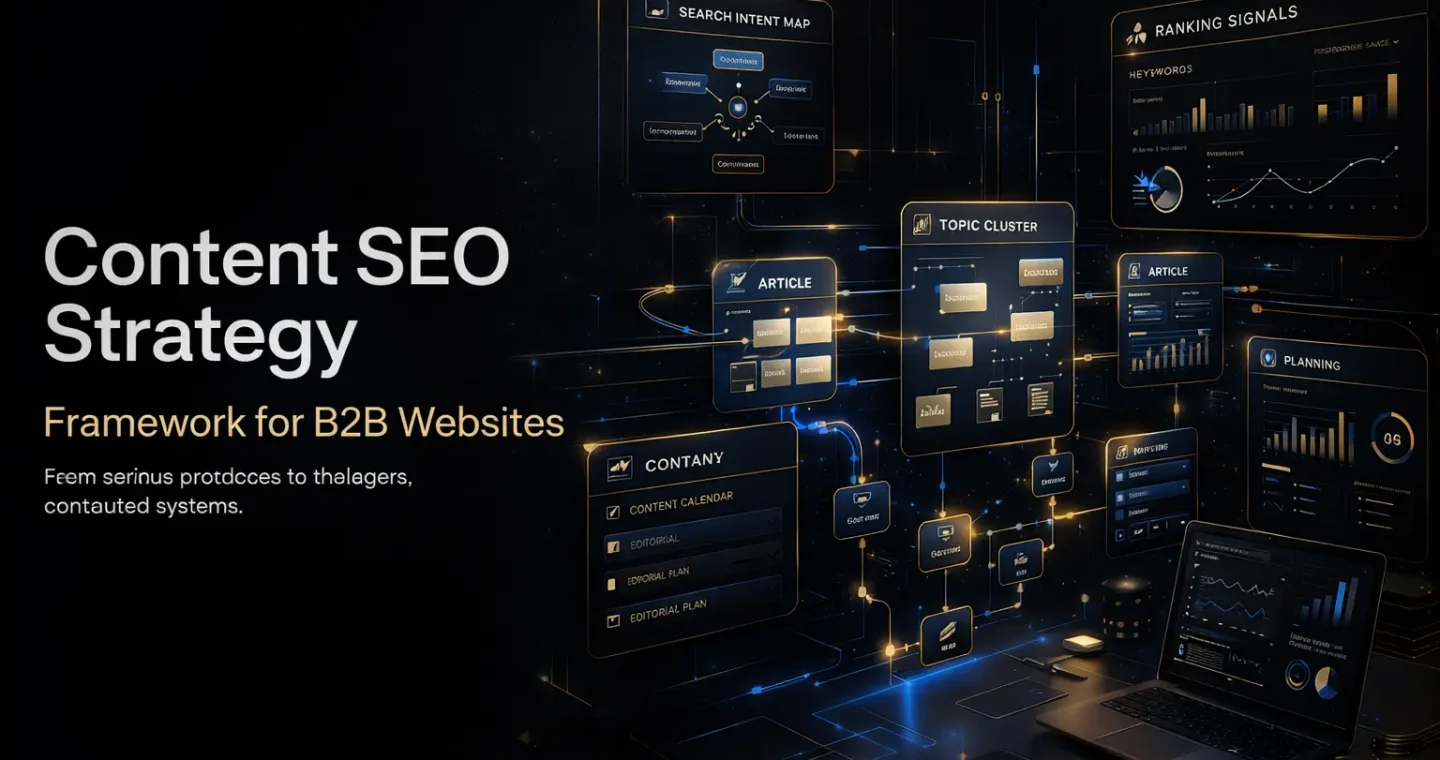 Content SEO strategy framework showing topic clusters, internal linking, search intent mapping, and structured content planning for a B2B website