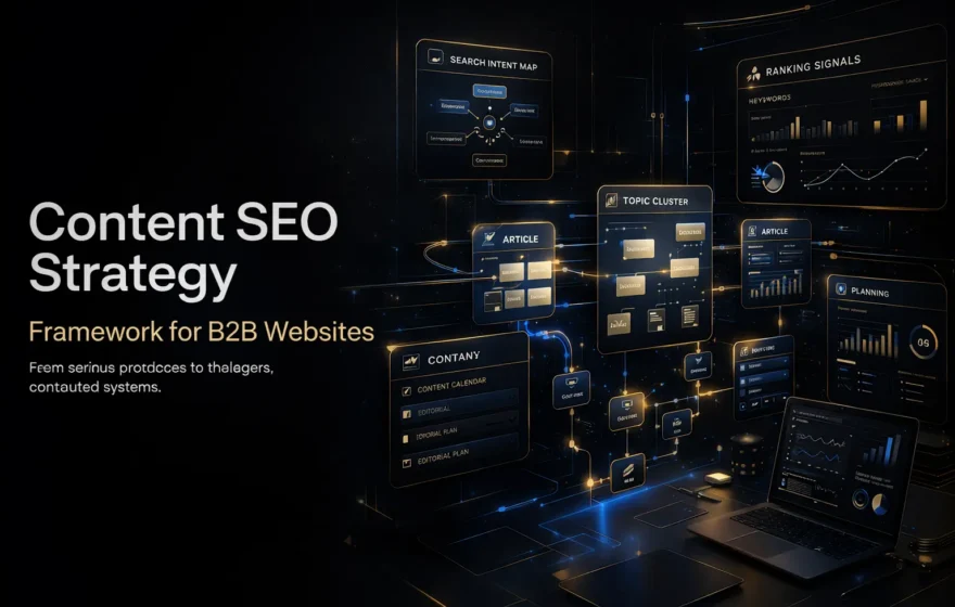 Content SEO strategy framework showing topic clusters, internal linking, search intent mapping, and structured content planning for a B2B website