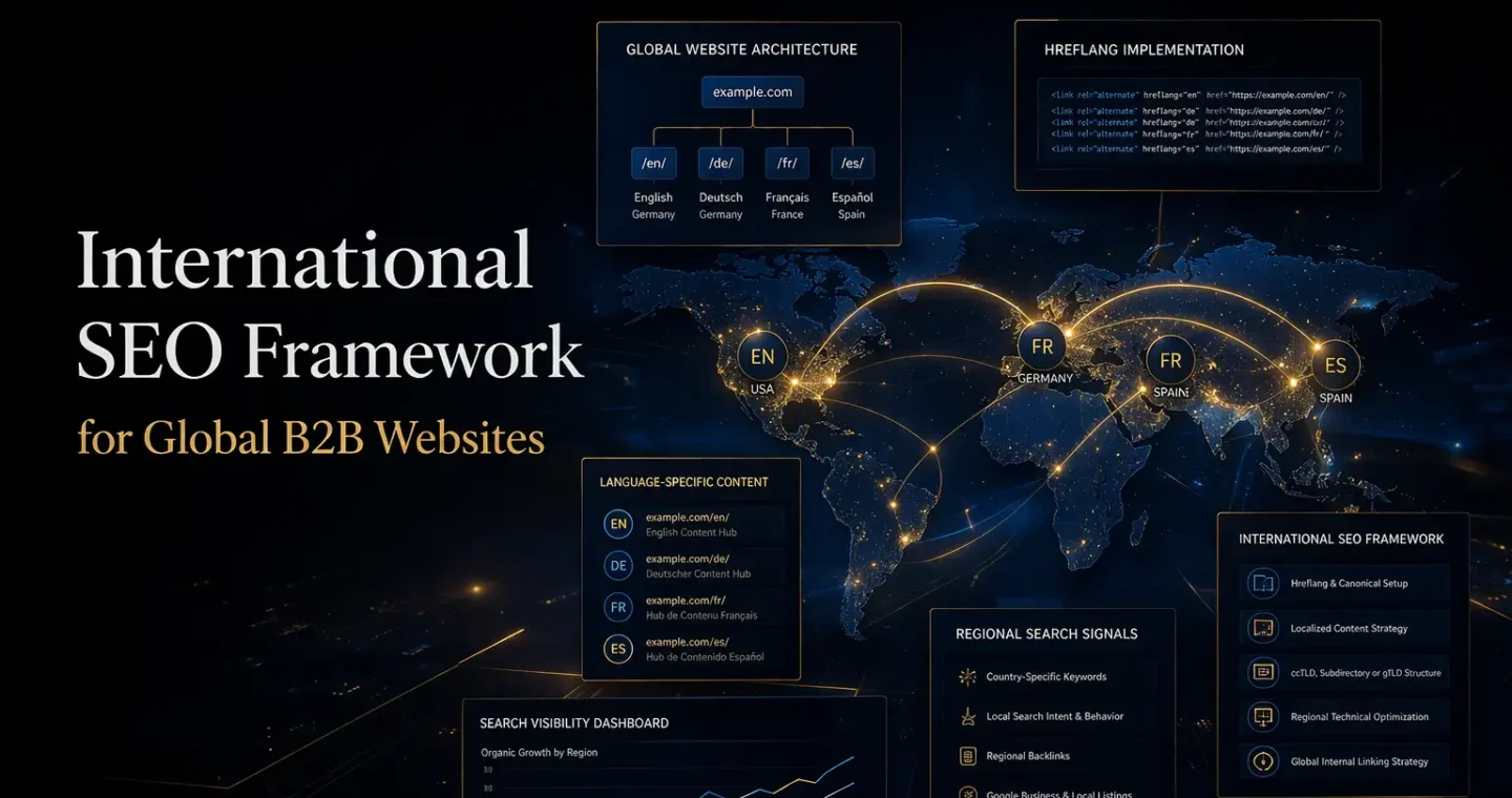 International SEO framework visual with title text, global website architecture, hreflang pathways, and multilingual search targeting for B2B websites