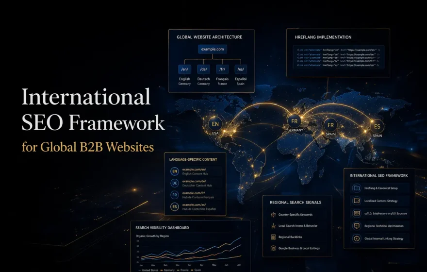 International SEO framework visual with title text, global website architecture, hreflang pathways, and multilingual search targeting for B2B websites