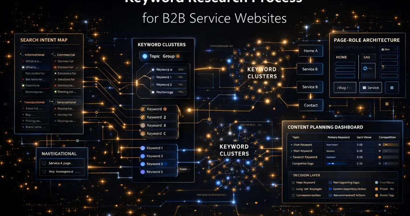 Keyword research process for a B2B service website showing search intent mapping, topic clusters, and page strategy planning