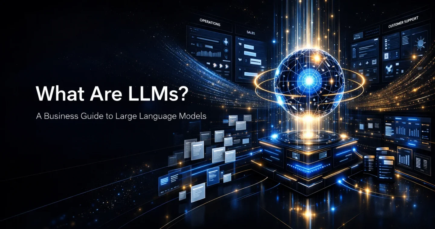 Large language models shown as an enterprise AI system connecting documents, language workflows, and business operations