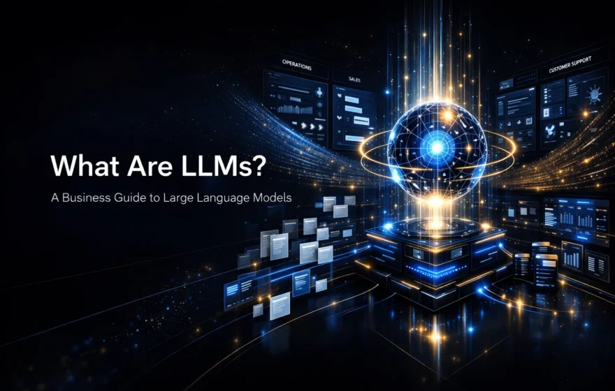 Large language models shown as an enterprise AI system connecting documents, language workflows, and business operations