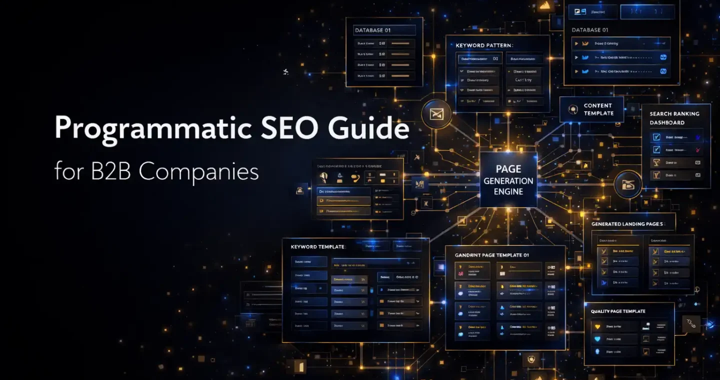 Programmatic SEO visual with title text, scalable page architecture, data-driven content generation, and B2B search optimization systems
