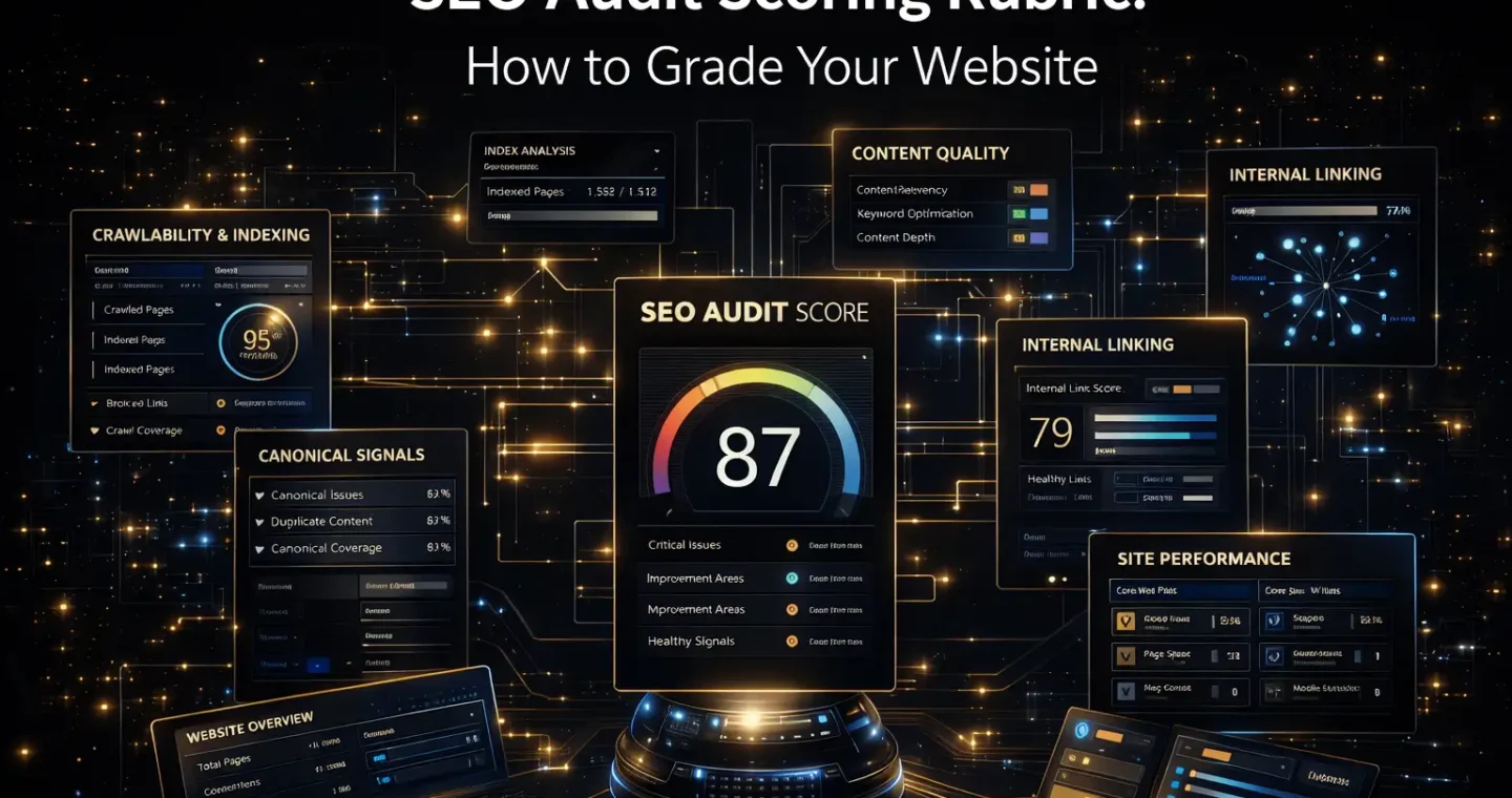 SEO audit scoring rubric showing website grading, crawlability checks, indexing signals, content evaluation, and performance analysis