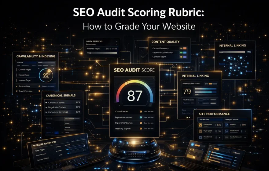 SEO audit scoring rubric showing website grading, crawlability checks, indexing signals, content evaluation, and performance analysis