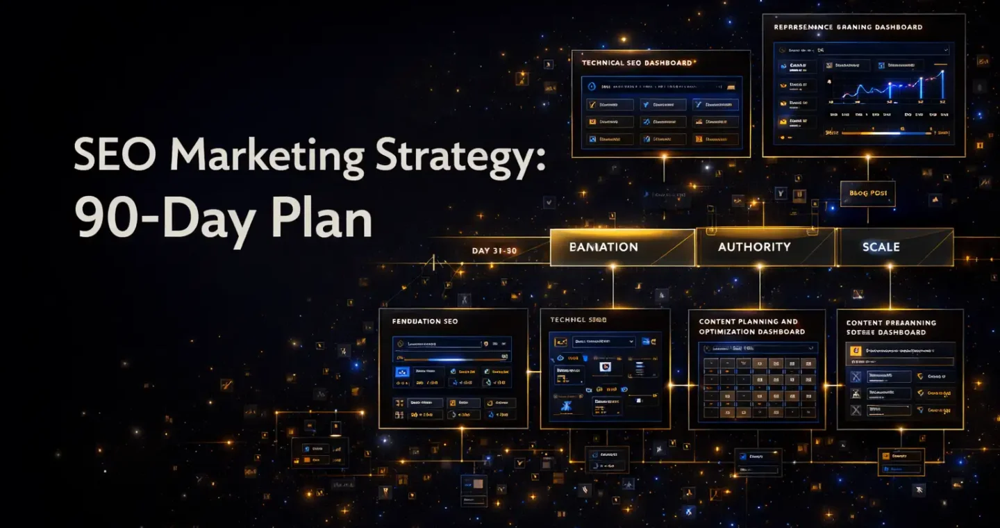 SEO marketing strategy visual with title text, 90-day roadmap, search growth phases, content planning, and website optimization dashboards