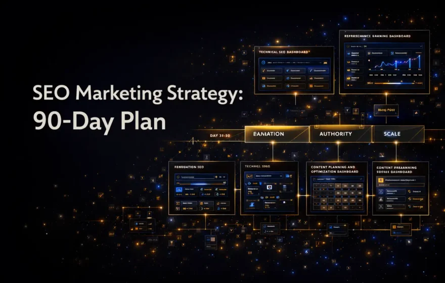 SEO marketing strategy visual with title text, 90-day roadmap, search growth phases, content planning, and website optimization dashboards