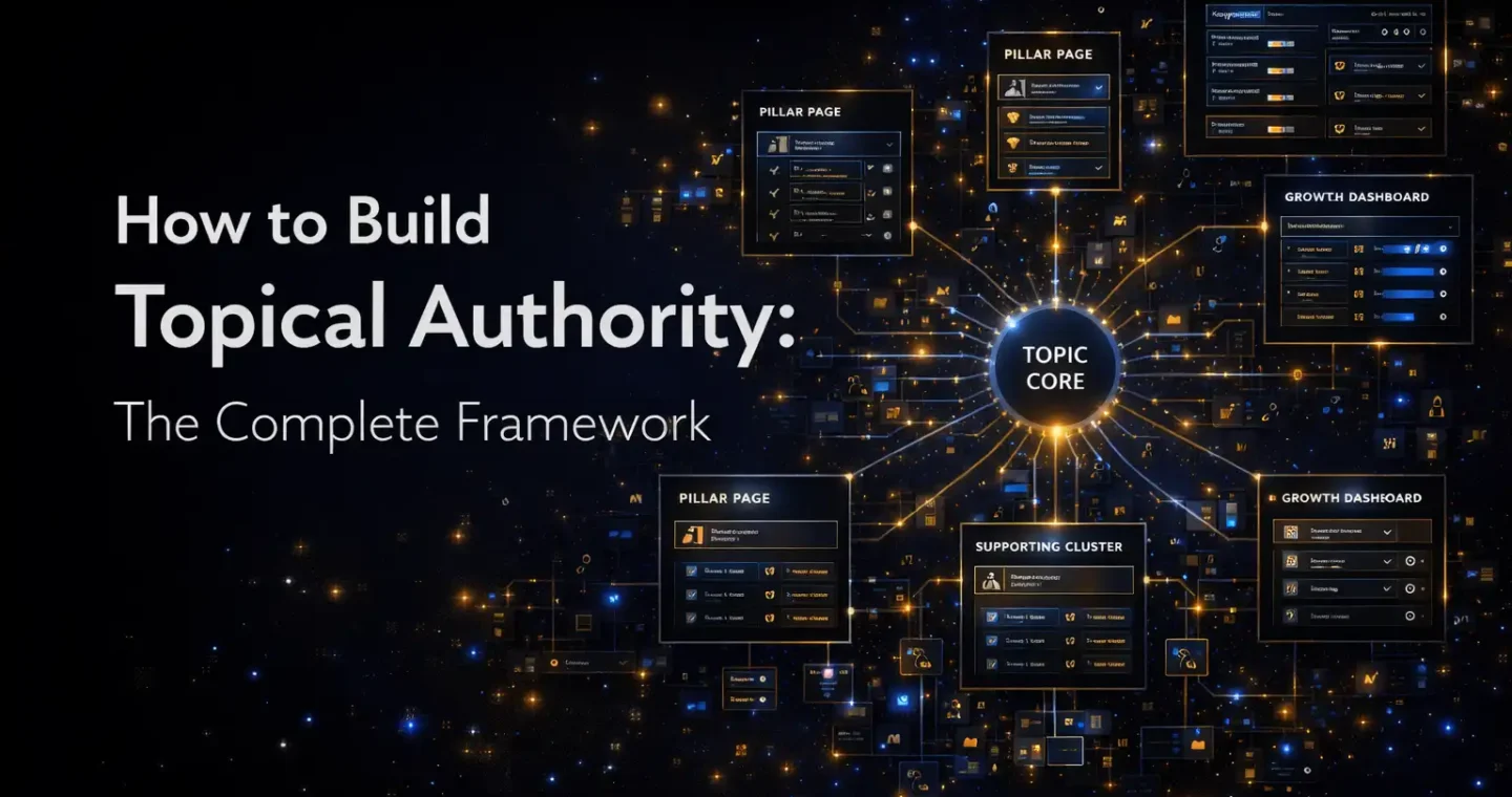 Topical authority framework visual with title text, topic clusters, pillar pages, internal linking, and content strategy architecture