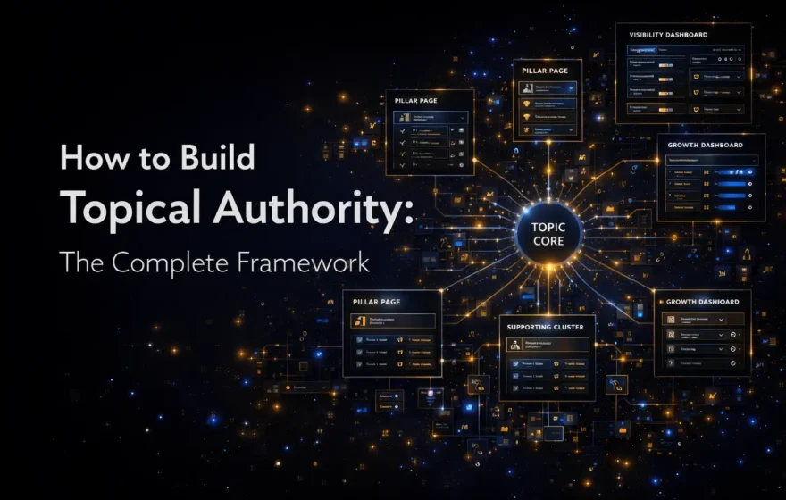 Topical authority framework visual with title text, topic clusters, pillar pages, internal linking, and content strategy architecture