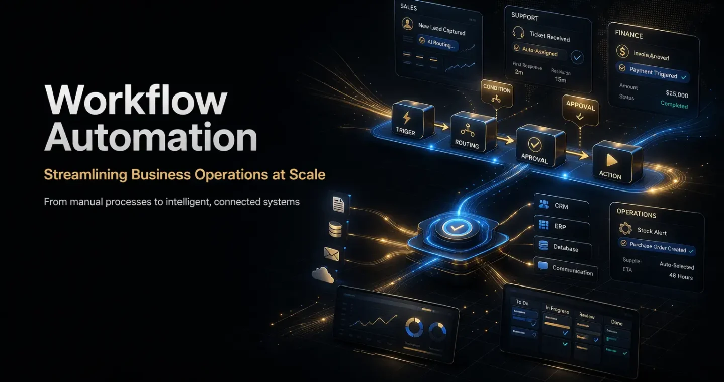 Workflow automation system showing business process stages, task routing, approvals, and connected operational workflows
