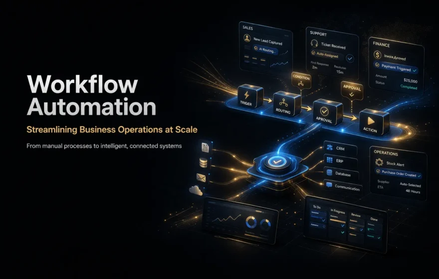 Workflow automation system showing business process stages, task routing, approvals, and connected operational workflows