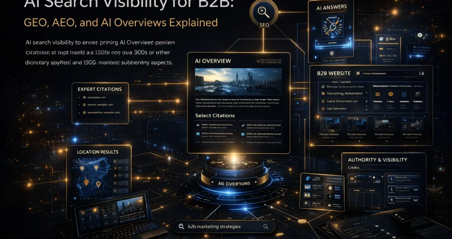 AI search visibility system showing AI Overviews, content citations, semantic search pathways, and B2B website discovery signals