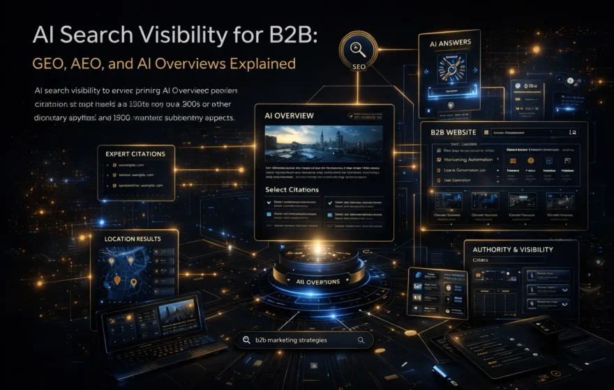 AI search visibility system showing AI Overviews, content citations, semantic search pathways, and B2B website discovery signals