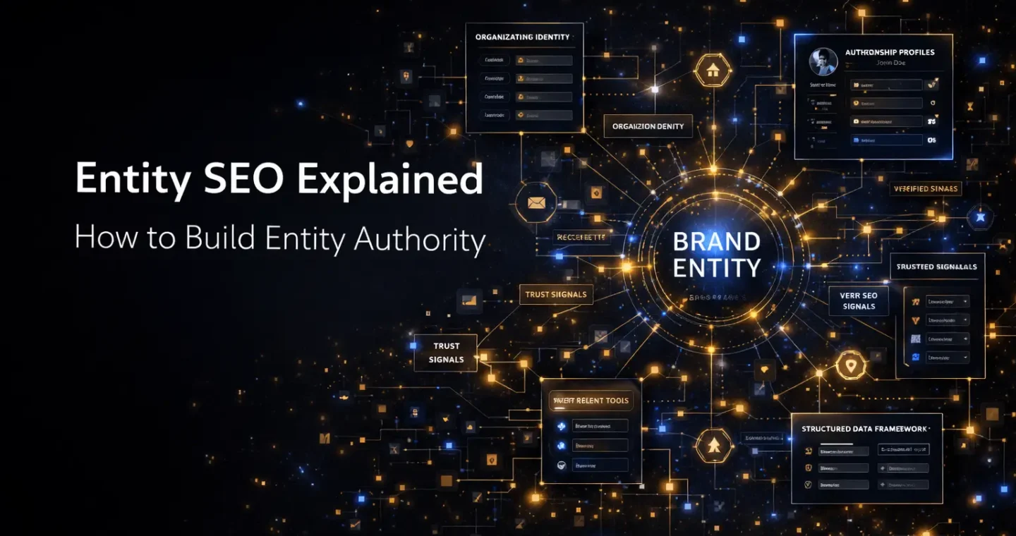 Entity SEO visual with title text, brand identity signals, authorship, structured data, and semantic authority connections