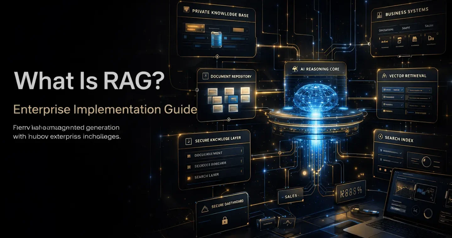 Enterprise RAG system showing AI connected to private knowledge bases, document retrieval, and grounded response generation