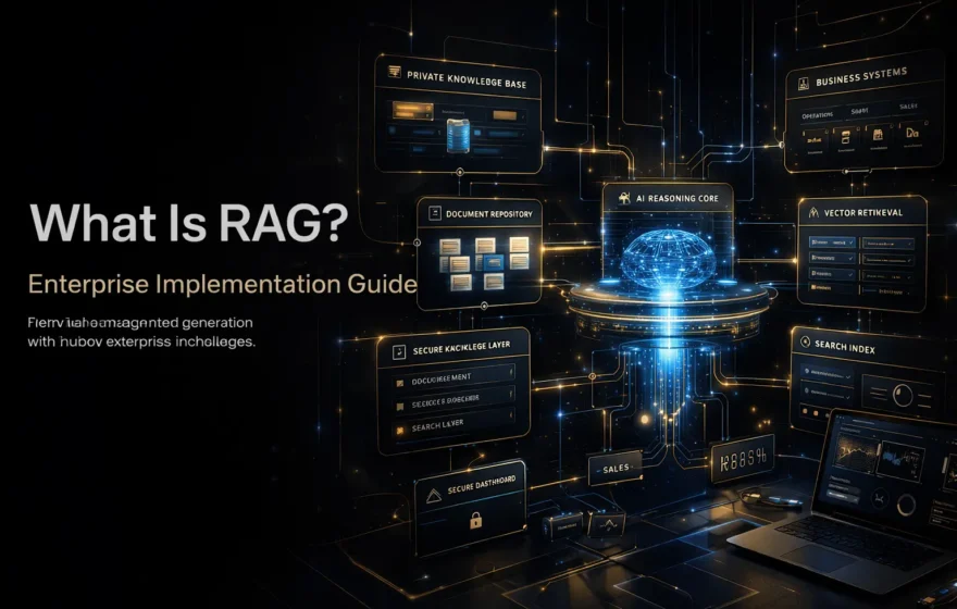 Enterprise RAG system showing AI connected to private knowledge bases, document retrieval, and grounded response generation
