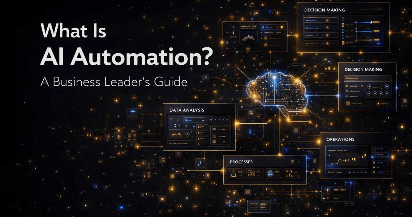 AI automation system visual showing connected business workflows, data analysis dashboards, and decision-making processes in a futuristic interface