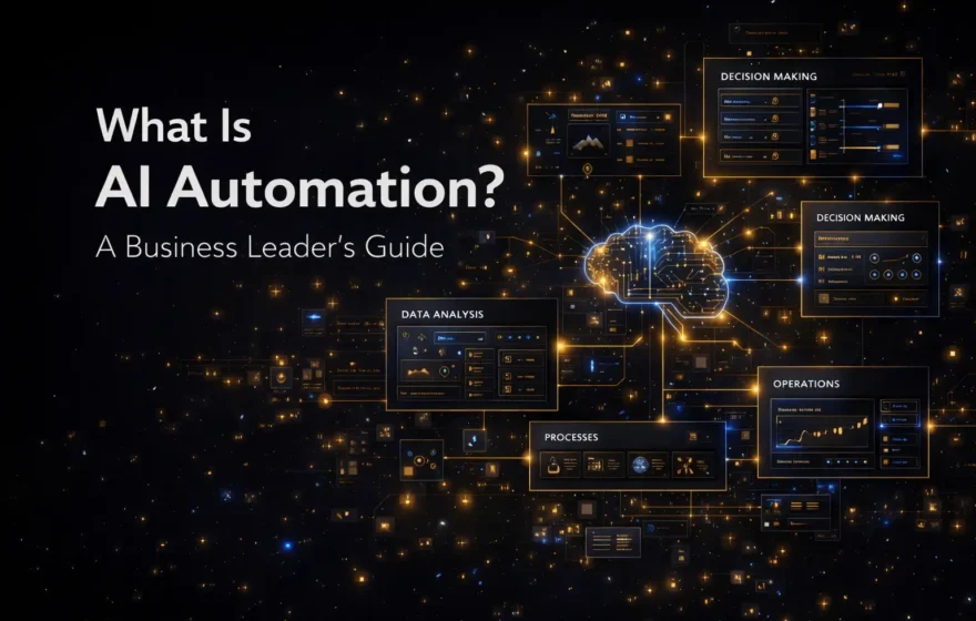 AI automation system visual showing connected business workflows, data analysis dashboards, and decision-making processes in a futuristic interface